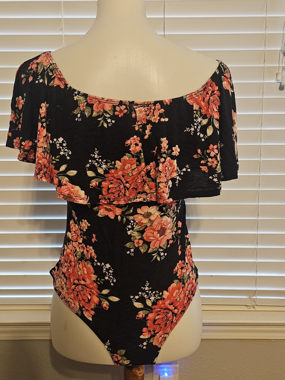Off-Shoulder Black Floral Women's Top with Coral Roses